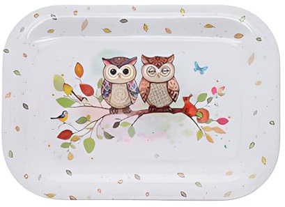 Mini vassoio per piante e animali, motivo coppia di gufi su un ramo, melamina di qualità, dimensioni mini 14 x 21 cm