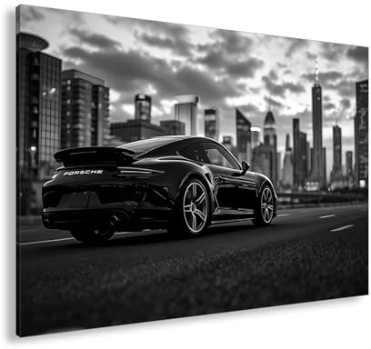 deyoli Schwarzer Porsche vor Skyline – elegant, schnell, urban. Format: 80x60cm Effekt:Schwarz&Weiß XXL Kunstdruck Motiv auf Holzrahmen/Leinwandbild/Wandbild/Wohnzimmer Dekoration