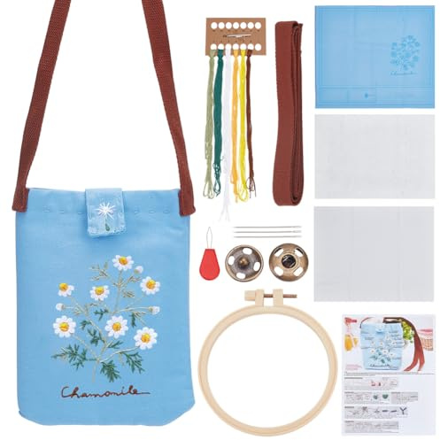 PLIGREAT Juego de bordado para bolsas de lona azul para principiantes margaritas juego de bordado para mochila escolar con marco y hebillas juego de punto de cruz con flores para adultos DIY regalo de