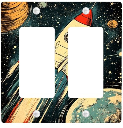 Space Rocket Light Switch Cover Plates/Outlet Covers, Blue Galaxy Theme for Kids Room Decor, Plastic Wall Plates, Standard Size Double Rocker