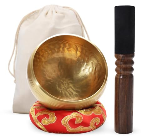 Tibetische Klangschale 8cm Set – Handgehämmert aus Messing mit Holzklöppel Kissen Aufbewahrungsbeutel – Für Meditation Yoga Achtsamkeit Heilung