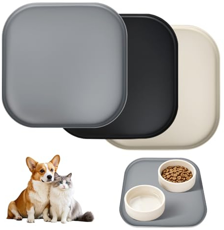 Rzspher 3-Teiliges Set Wasserfeste Silikon Futtermatte, 27CM* 27CM wasserdichte und rutschfeste Silikon Fressnapf Unterlage, Leicht zu Reinigende Fressnapf-Unterlage für Hund und Katze