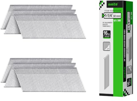 meite Vinklade huvudspikar, 16 g/32 mm, 20 grader galvaniserade – vinklade spikar för tryckluftspikar, perfekt för fönsterramar, möbelkonstruktion och gör-det-själv-projekt (500 stycken)