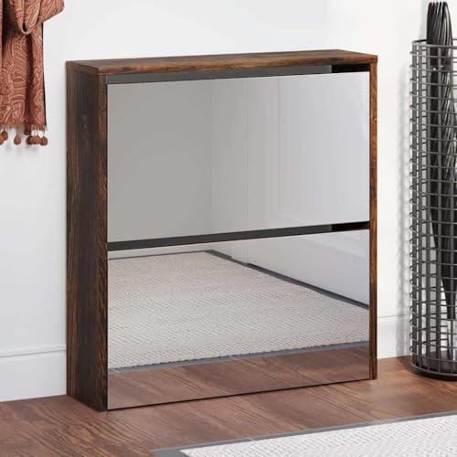 mzdioop Shoe Cabinet with Mirror Smoked Oak 63 x 17 x 67 cm, 2 Compartments, Shoe Tipper, Space-Saving Closed Shoe Stand for Hallway, Entrance Area