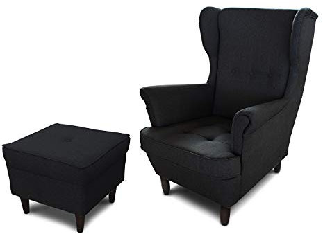 Sofnet Ohrensessel Sessel King - Lounge Sessel mit Armlehnen - Retro Stuhl aus Stoff mit Holz Füßen - Polsterstuhl für Esszimmer & Wohnzimmer (Schwarz (Inari 100), mit Hocker)