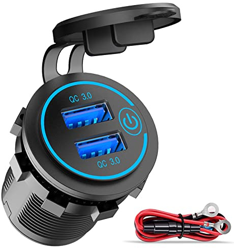 QC3.0 Dual USB 12V Outlet with Touch Switch: 12 Volt Marine Socket Golf Cart USB Port DC Car Charger Waterproof Power Adapter Cigarette Lighter Mount Fast Charge for Boat Motorcycle ATV RV