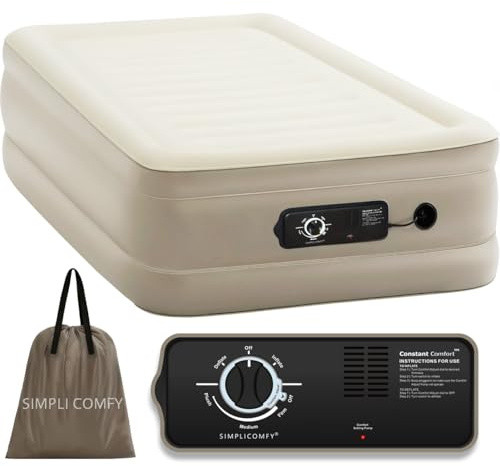 Simpli Comfy 18” Twin Inflatable Air Mattress with Built-in Dual Pump, Elevated, Adjustable Firmness, Self-Inflating Blow-Up Mattress with Storage Bag for Home, Guest, Travel, Camping, Relocation