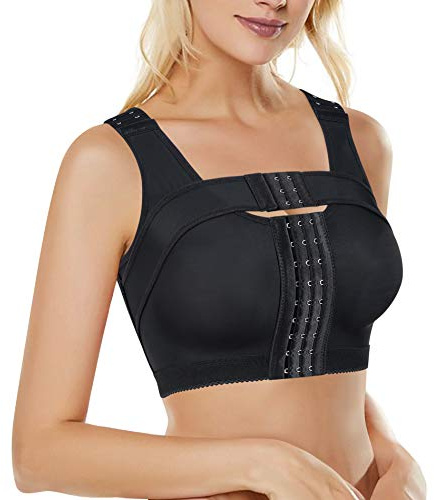 Bafully Reggiseno postoperativo Sportivo con Chiusura Frontale Racerback Rimovibile Reggiseno Imbottito da Donna (IT, Testo, S, Regular, Regular, Nero)
