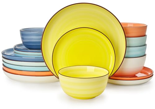 Sweese Plates and Bowls Sets, 18 Piece Dinnerware Set Porcelain Round Dinner Set for 6, Scratch Resistant Dishes Set, Dishwasher Oven Microwave Safe Handpainted Swirl Dishware Sets, Assorted Colors