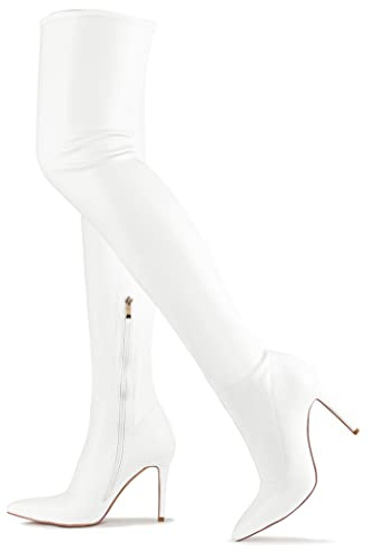 CAMSSOO Women's White Thigh High Boots Faux Suede Elasticity Heels Over The Knee Boots Side Zip Pointed Toe Fashion Sexy Winter Stiletto Knee High Boots White Matte PU Size US11 EU43