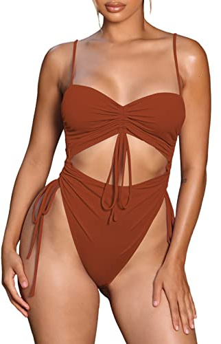 Viottiset Women's Cut Out Drawstring One Piece Swimsuit Cheeky High Cut Bathing Suit Coffee small , Burnt Orange