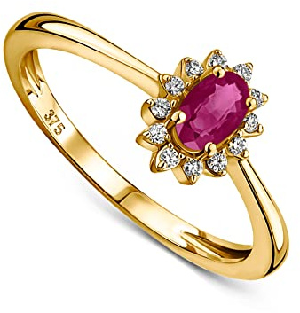 MIORE orla anillo de compromiso con diamantes y rubí engastados en oro amarillo de 9 quilates 375 con 12 diamantes naturales 0,07 quilates y rubí rojo oval natural 0,31 quilates