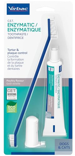Virbac Kit de Limpieza Dental para Perros y Gatos – Sabor Ave – Incluye Pasta Enzimática C.E.T., Cepillo de Doble Cabezal y Dedal – Set de 3 Piezas