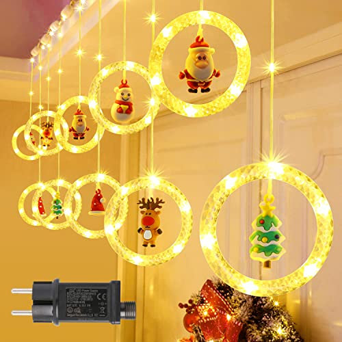 GlobaLink Luci Tenda Natale, 3M 100LEDs Tenda Luminosa con 10 Decorazioni Natalizie 8 Modalità Luci Natale Finestra con Timer Impermeabili IP65 Tenda di Luci per Interno Esterno Vetrina, Bianco Caldo