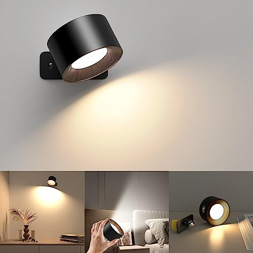 Mexllex LED Wall Light Indoor, 3 Brightness Levels, 3 Color Modes, Bedside Lamp, 360° Rotatable Touch Control, Black, 1PCS