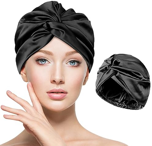 Kiiwah Bonnet Satin Cheveux pour Nuit, Bonnet en Soie pour Cheveux Nuit, Chapeau Sommeil Élastique et Respirant pour Femmes Protection Cheveux Longs Cheveux Bouclés (Noir)