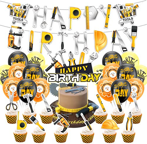 Strumenti Forniture del partito Strumenti Decorazioni del partito di compleanno Include cassetta degli attrezzi Banner di buon compleanno, Cupcake Topper, Cake Topper, Palloncini