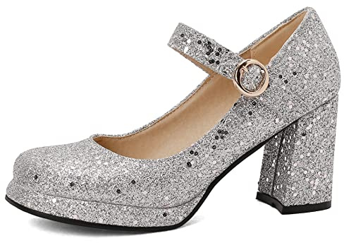 Scarpe Mary Jane da Donna con Tacco Largo, Pompe al Tallone Alto Punta Rotonda Fibbia Scarpe da Sera con Plateau Paillettes Moda Dancing Boots Krxkhb Argento Numero 42 EU