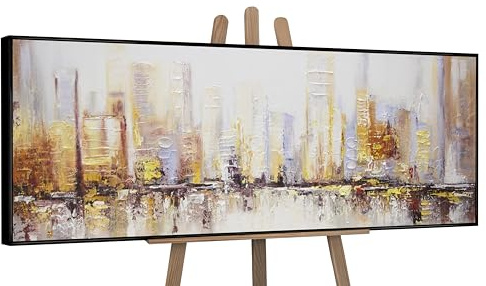 YS-Art Cuadro pintura abstracta hecho a mano Abstracto Mañana en la ciudad Pintado en acrílico Paisaje urbano Colores vivos con marco 150x50 cm