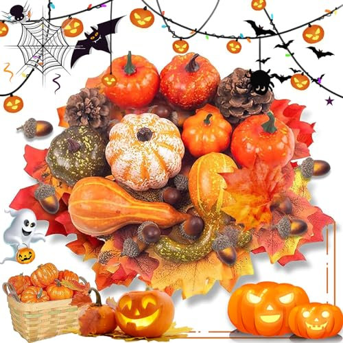 Zeaying 70 Pièces Décoration de Citrouille Extérieure Automne, Mini Fausses Citrouilles Artificielles D'Érable, Cônes de Pin et Glands, pour Automne Halloween Thanksgiving Décoration
