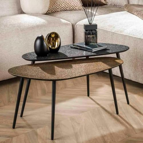 RINGO-Living Sofa Couchtisch aus Holz Industrial Style 2er Set Beistelltische Vintage/runder Couch Tisch Schwarz Bronze, moderner Echtholz Massivholz Wohnzimmertisch Set, modern Satztisch Industrie