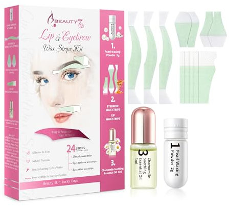 Beauty7 Wachs-Streifen, kaltes Gesicht, Augenbrauen, Lippe, Wachs-Formel für empfindliche Haut, 20 Streifen + Perlenpulver 2 g und beruhigende ätherische Öle 3 g