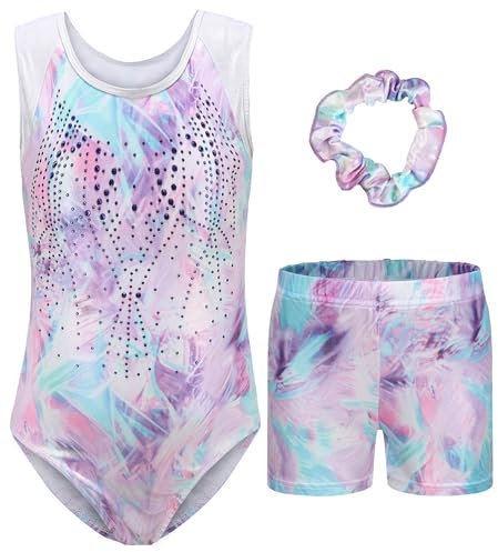 FEOYA Turnanzug Mädchen Ärmellose Diamant Ballett Tanztrikots mit Shorts Haarband Set Kinder Schule PE Ballett Tanz Gymnastik Trikot Body Top Gymnastikanzug Tanzen Kleidung J 7-8 Jahre