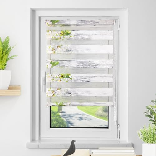 Deswell Doppelrollo Klemmfix ohne Bohren Weiß-Blüten B75 x H120 cm (Stoffbreite 71cm) Doppelrollo mit Muster, Duo Rollos für Fenster ohne Bohren Rollos mit Motiv, Seitenzugrollo Lichtdurchlässig