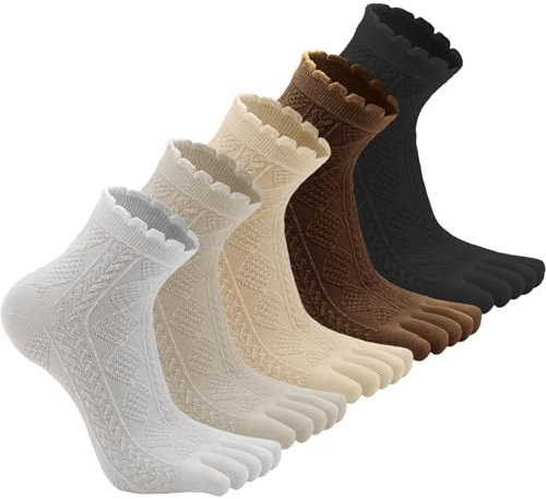 Sunolkie Baumwolle Zehensocken Damen - 5 Paar Zopfstrick Fünf-Finger-Socken Crew Sportsocken für Yoga, Fitnessstudio, Fitness und Sport