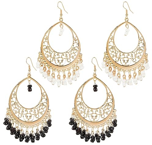 SUPERFINDINGS 2 pares de pendientes de aro con borlas y candelabros étnicos bohemios con lentejuelas, flecos, colgantes, ligeros, pendientes indios con colgante de disco, estilo retro, gitano, para