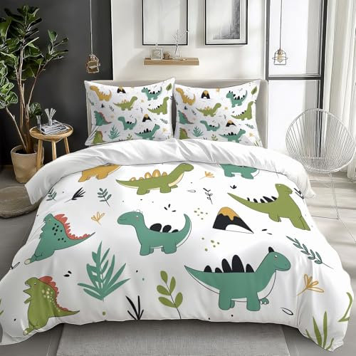 CozyRest Copripiumino per bambine e bambini Carino Dinosauri Set di biancheria da letto 3 pezzi, morbido e confortevole in policotone reversibile 220 x 240 cm Set copripiumino con 2 federe 50 x 80 cm