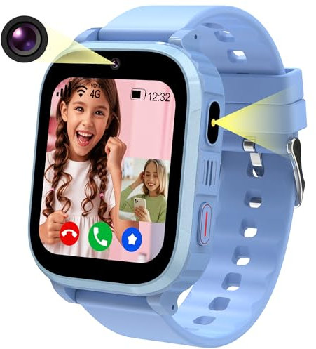 Ruopoem Smartwatch Kinder, 4G Kinder Smartwatch mit GPS und Telefon Videoanruf, GPS Uhr Kinder Anruffunktion SOS Spiel Voice Wecker Schulmodus SIM IP68 Wasserdicht Handy, Geschenke für Mädchen Jungen