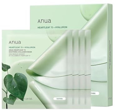 ANUA Heartleaf 70 Soothing Collagen Mask, Overnight Face Mask for Glass Skin, hyaluronic acid, Collagen, Soothing & hydration Facial Mask for Sensitive Skin, Natural Color, Korean Skin Care, 38g/4ea