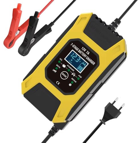 Cargador de batería,7A 12V Cargador Bateria Moto con Pantalla LCD Inteligente,Mantenedor Bateria Moto con Compensación de Temperatura, Cargador de Baterias AGM, Gel, húmedo, SLA