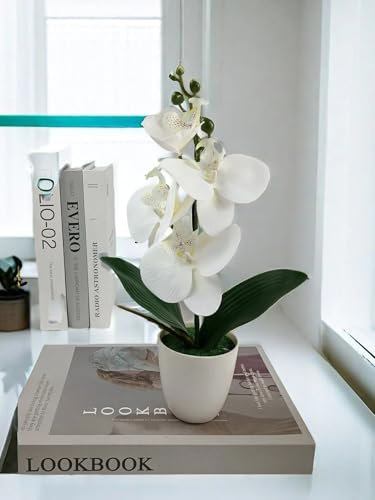 Bonsái Artificial de Ciruelo – Planta Decorativa en Maceta – Mini Árbol para Mesa, Oficina, Salón, Dormitorio – Decoración de Hogar y Regalo 29 CM (Blanco Orquidea)