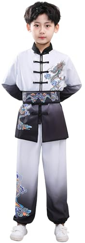 TedYoho Traditional Chinese Martial Arts Training Uniform, Kids Kung Fu Outfit Set, 4 Colors Available, Dragon Embroidery (Long Sleeved, Gray, Large)