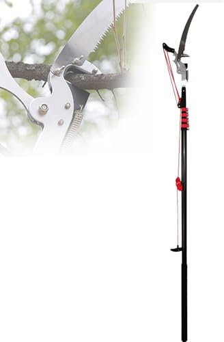 Extendable Pole Pruner with Ratchet Pulley and Scissors, Long Reach Tree Trimmer for Tall Branch Cutting and Pruning