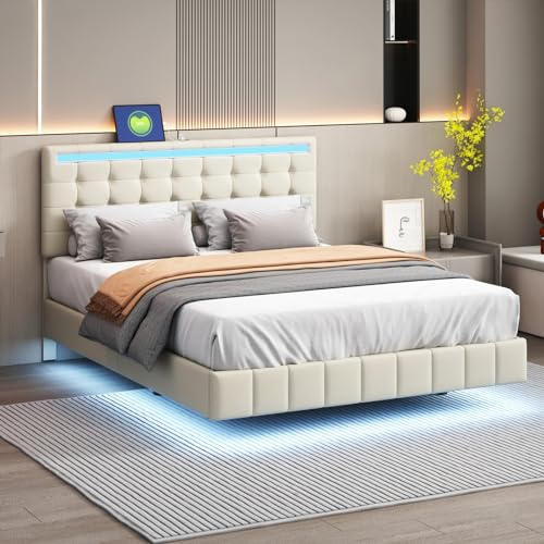 BRILVERDE Sängklädsel, 160 x 200 cm, dubbelsäng med LED och USB, 4 lådor, funktionell säng med gavel och ribbotten, vuxna och ungdomssäng, PU, vit