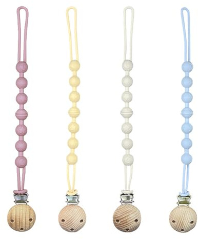 4 Pack Dummy Clip Boys, Pacifier Clips with Wooden Clips, Dummy Clip Pink, Blue, Yellow, Beige, Secure and Stylish for Home, Travel, Park, 24 cm Length, Lightweight and Durable