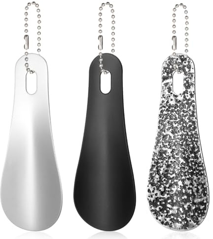 Tweruna 3 Pack Metal Shoe Horn, 4 Inch Small Shoe Horn Portable Travel Shoehorns with Chain for Women Men Kids