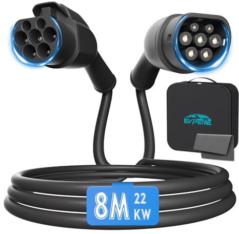 EVPEIWE Cable de Extensión para Carga de Coche Eléctrico Tipo 2 | 22KW | 32A | Trifásico | 8M | Cable Alargador Tipo 2 con Bloqueo de Seguridad para VE y Híbridos Enchufables, IP54