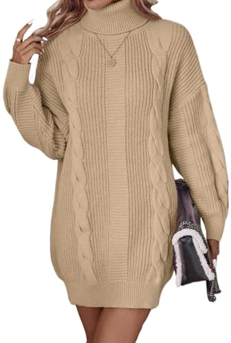 ELFIN Robe en Tricot pour Femme Col roulé Robes d'hiver élégante Manches Longues Pull en Tricot Mini Robe