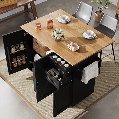 Oslghy Isla de Cocina con Ruedas y Mesa Extensible, Carro de Cocina con Mueble y Mesa, Carrito de Cocina con 2 Cajones y 3 Puertas, Mueble Buffet Comedor con Toallero, 120x43.2-71.2x92 cm (Negro)