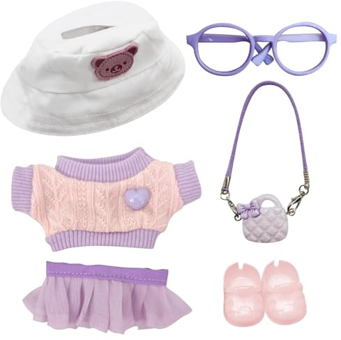 MLPKOI 6 Pezzi Vestiti per Bambole da 17 Cm, Vestiti per Bambola, Peluche, Accessori per Bambole, con Vestiario, Gonna, Cappello, Borsa, Occhiali, Scarpe, per Regali Bambini (No Doll)