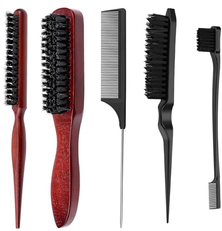 5 Pezzi Spazzola Setole Cinghiale, Spazzola per Capelli con Manico Set, Spazzole per Coda Tirata, Barba e Sopracciglia, Pettine Styling per Capelli Lisci e Ricci, Uomo e Donna