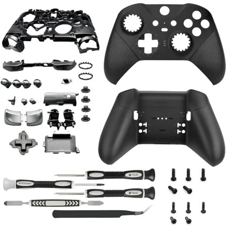 Ersättningshöljskit för Xbox One Elite-serien 2-kontroll, ersättningsdelar, heltäckande fodral, set, frontplattor, mellanram, ABXY LT, RT, knappar, LB, RB, stötfångare, tillbehör, verktyg (svart)