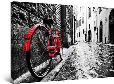 Startonight Quadro su Tela Bianco e Nero Bicicletta Rossa, Stampe Incorniciato e Pronta da Appendere Design Moderno Arredamento Arte Fotografia Grande Formato 60 x 90 cm Luminoso al Buio