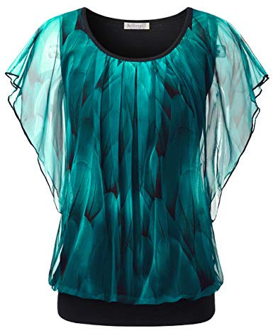 BAISHENGGT Damen Sommer Netz Bluse Flatter Kurzarm Tshirt Rundkragen Falten Elegant Oberteile Top Blusen Pfau Blau XXL