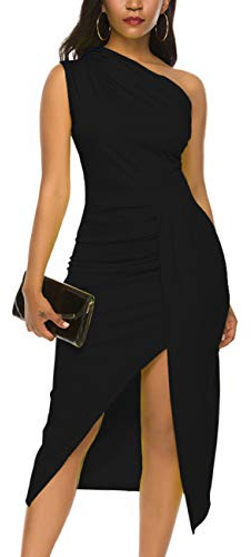 Nature Comfy Women's LilyIn Sleeveless one Shoulder Ruched High Slit Elegant Evening Cocktail Party Dress, Classic Solid Black, Large