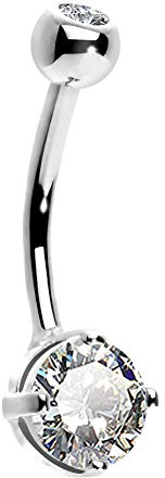 OUER - Piercing per ombelico, in oro massiccio 14K, spessore 1,6 mm, con zirconia cubica trasparente, a forma di barra curva, Oro bianco Acciaio inossidabile Zirconia cubica, zirconia cubica